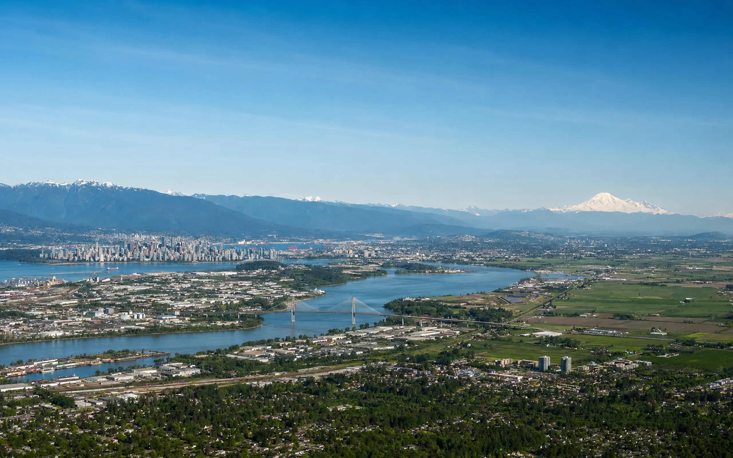Panoramic view from Vancouver across the Lower Mainland toward the Fraser Valley