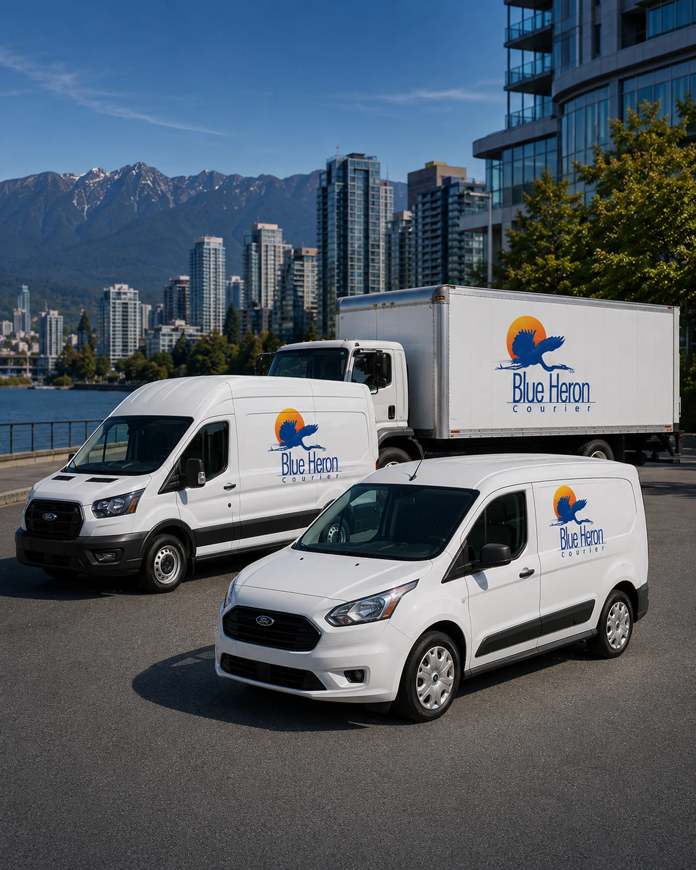 Blue Heron Courier white freight and delivery fleet with Vancouver in the background